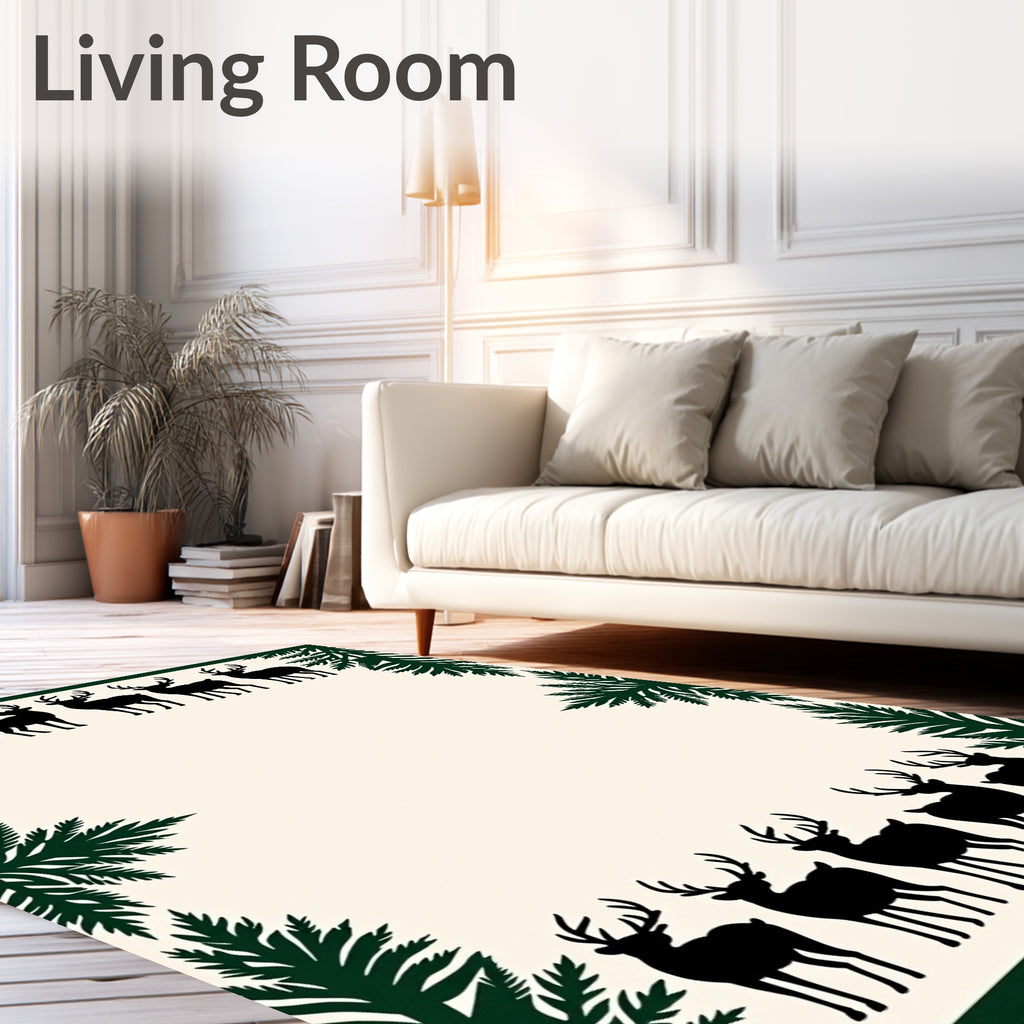 Forest Deer Silhouette Evergreen Border Rug