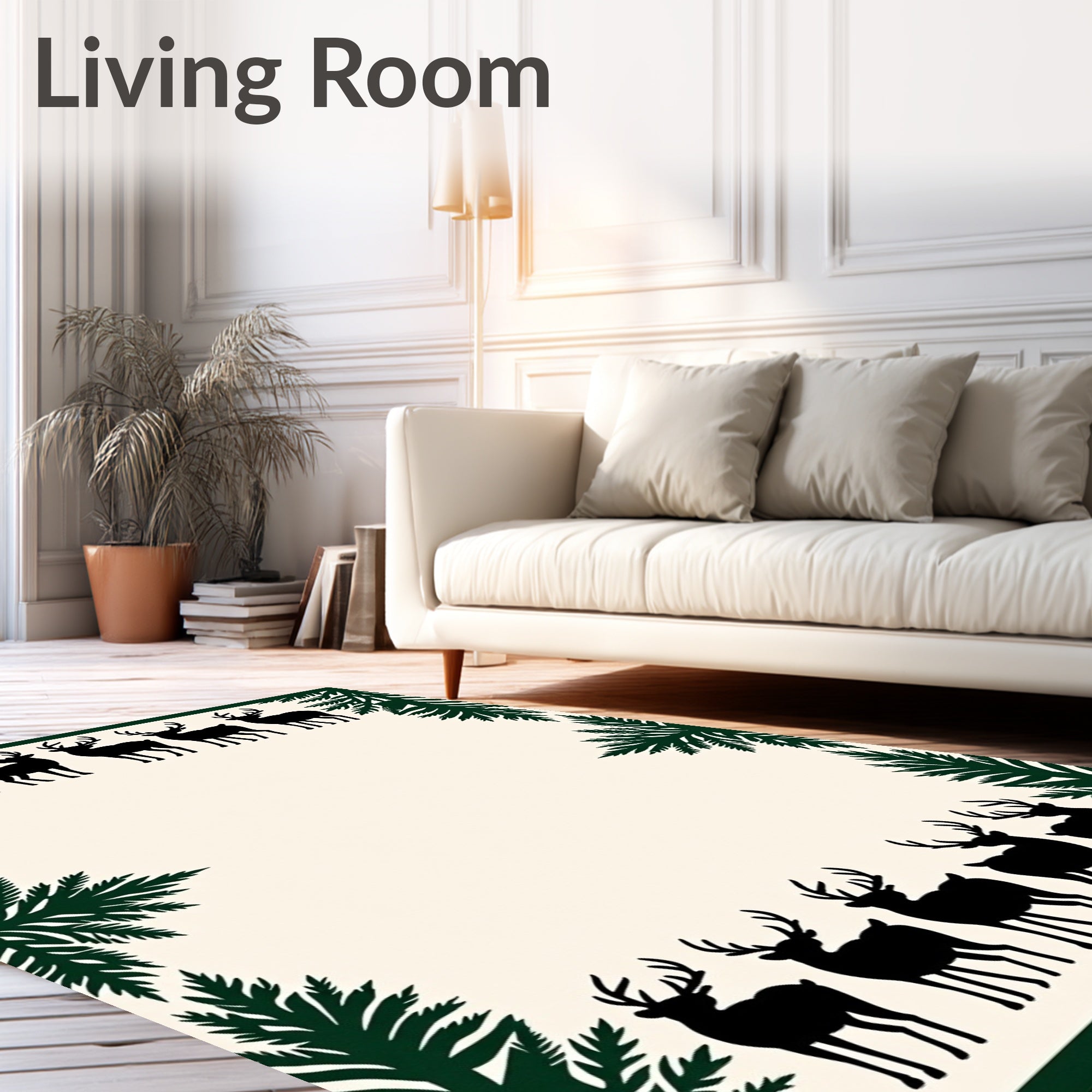 Forest Deer Silhouette Evergreen Border Rug