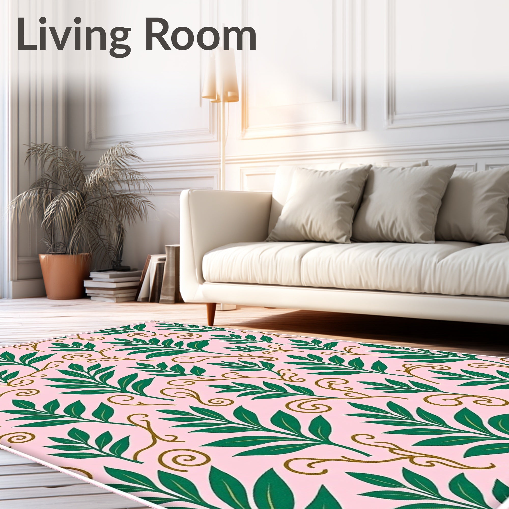 Green Leafy Vines Pink Pattern Rug