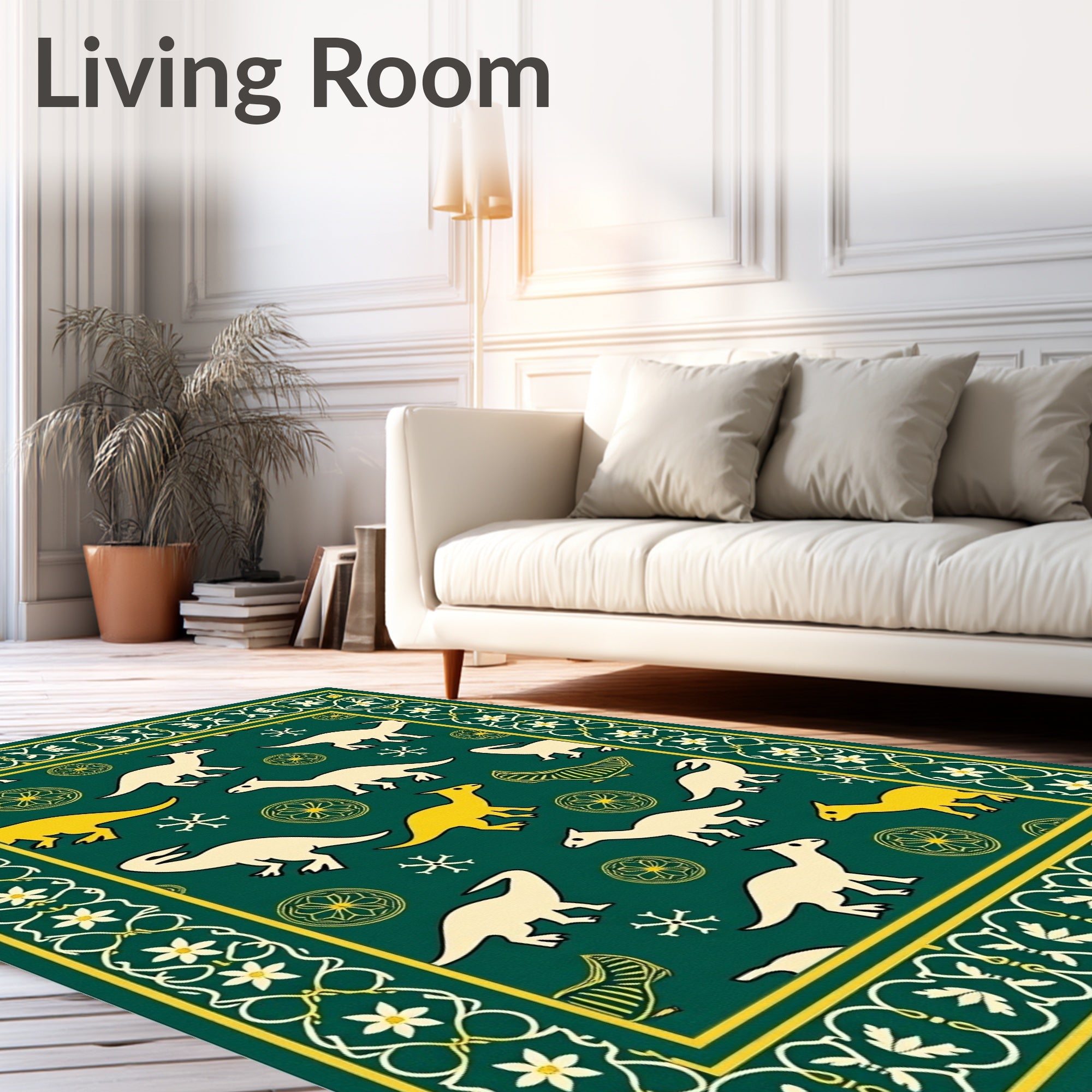 Whimsical Dinosaur Patterned Green Rug