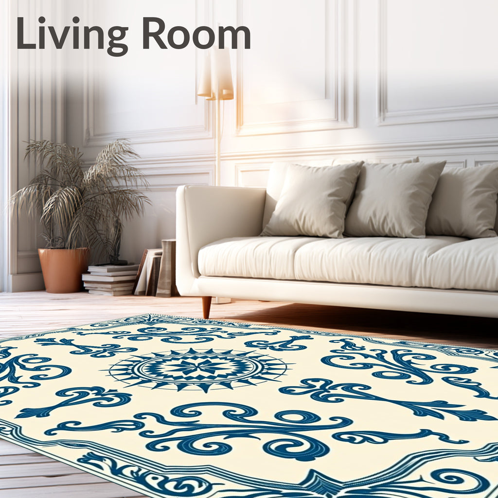 Elegant Blue Floral Compass Design Rug