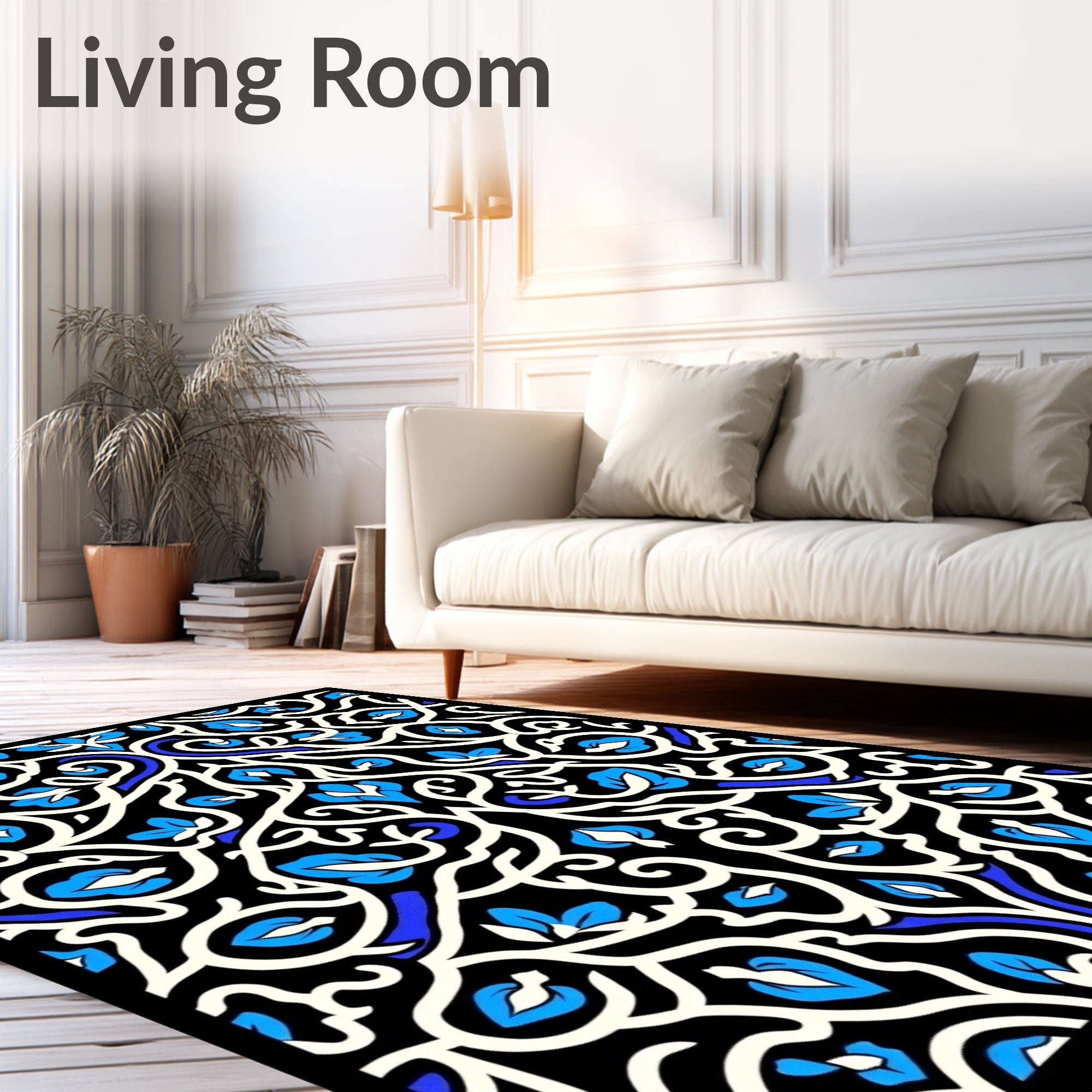 Abstract Blue White Swirl Floral Rug