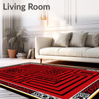Red Black Maze With Intricate Patterns Rug