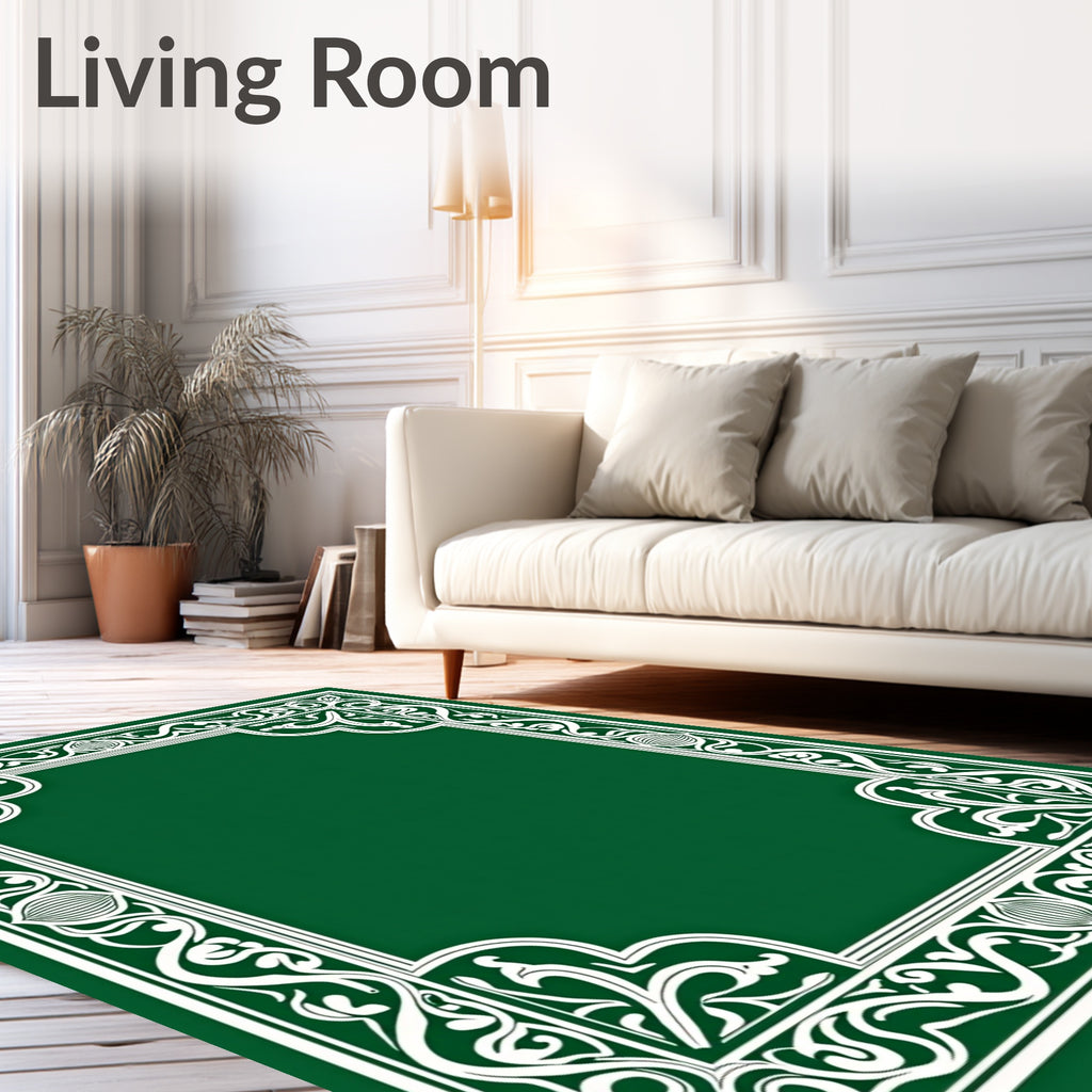 Ornate White Floral Green Border Pattern Rug