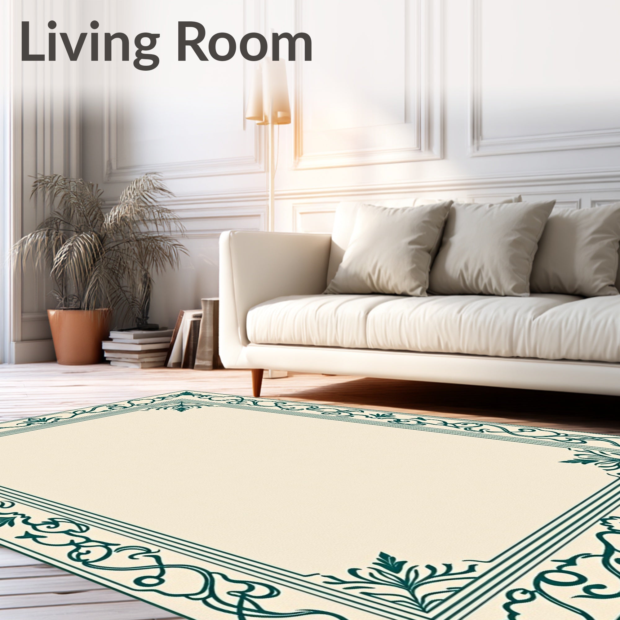 Ornate Green Floral Vine Border Rug