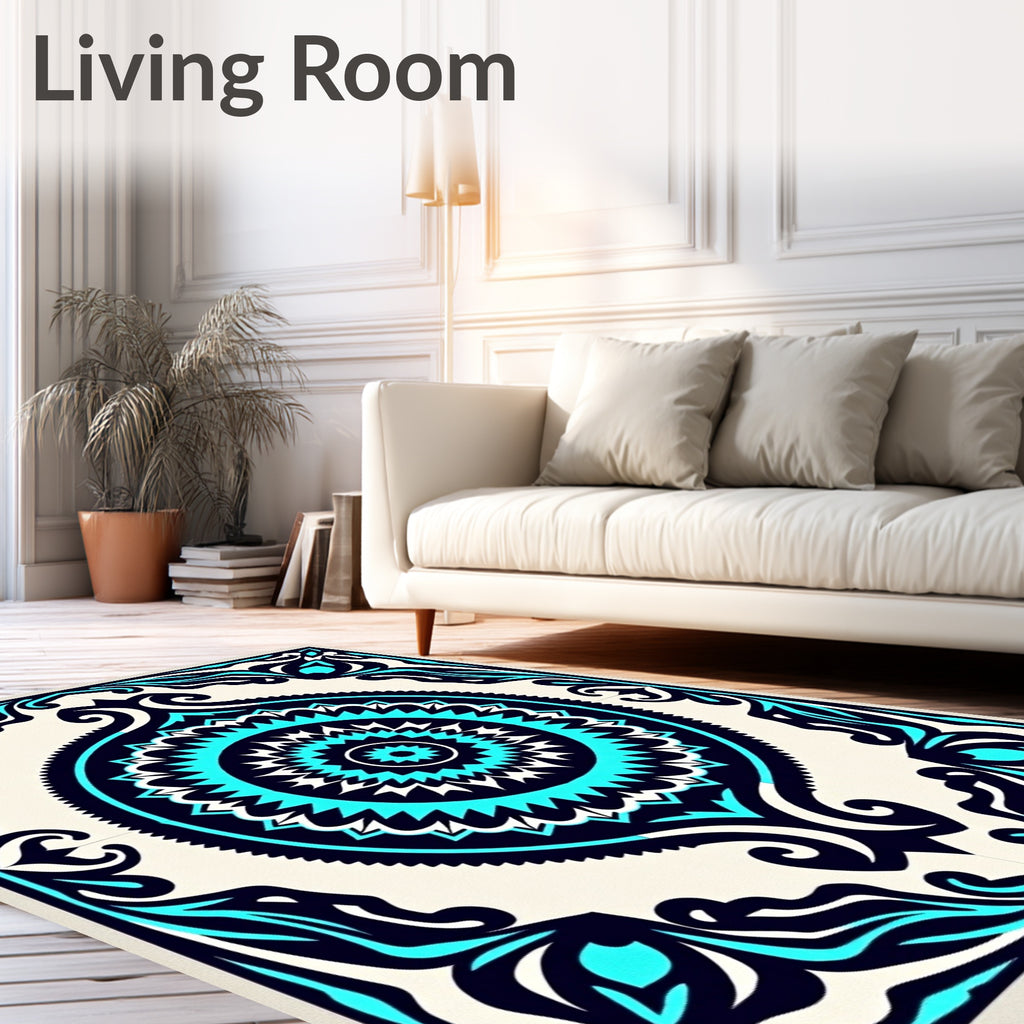 Symmetrical Teal Navy Mandala Pattern Rug