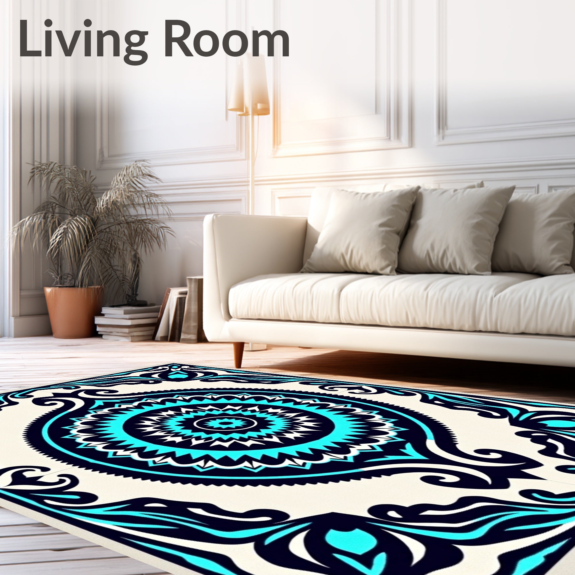 Symmetrical Teal Navy Mandala Pattern Rug