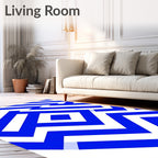 Bold Blue White Geometric Maze Pattern Rug