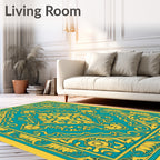 Golden Floral Teal Medallion Pattern Rug