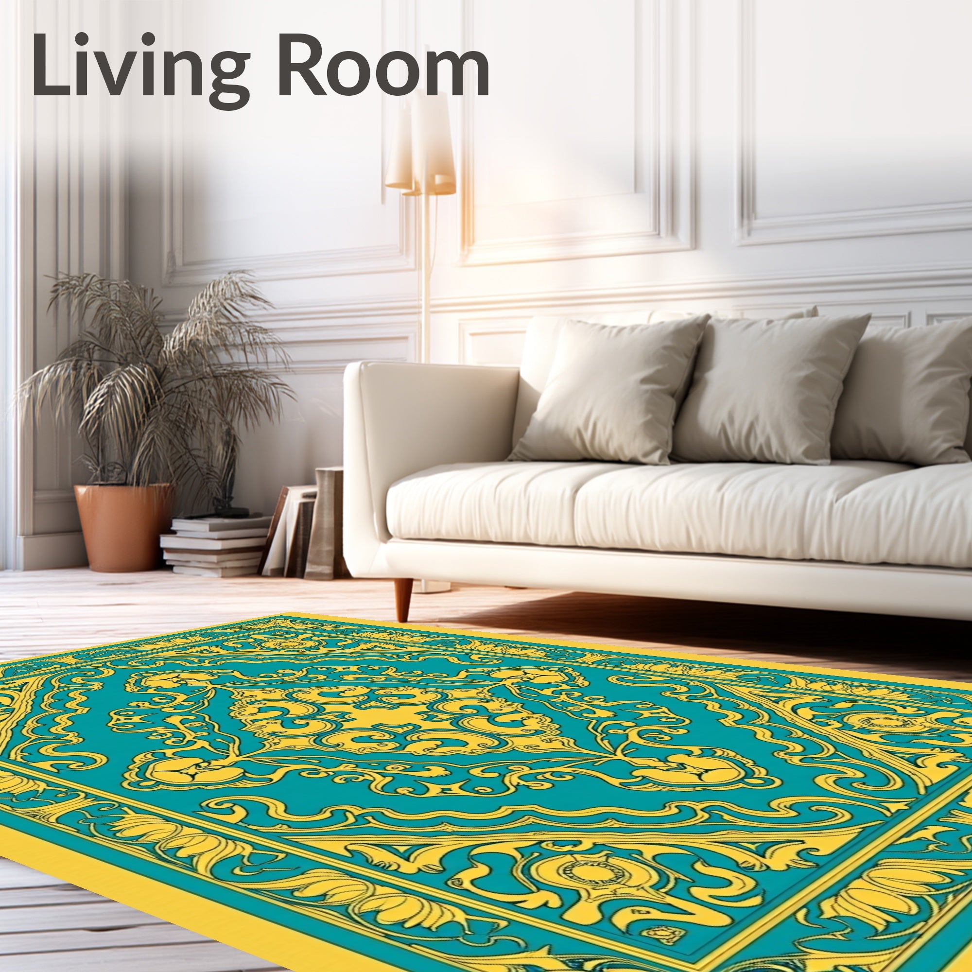 Golden Floral Teal Medallion Pattern Rug