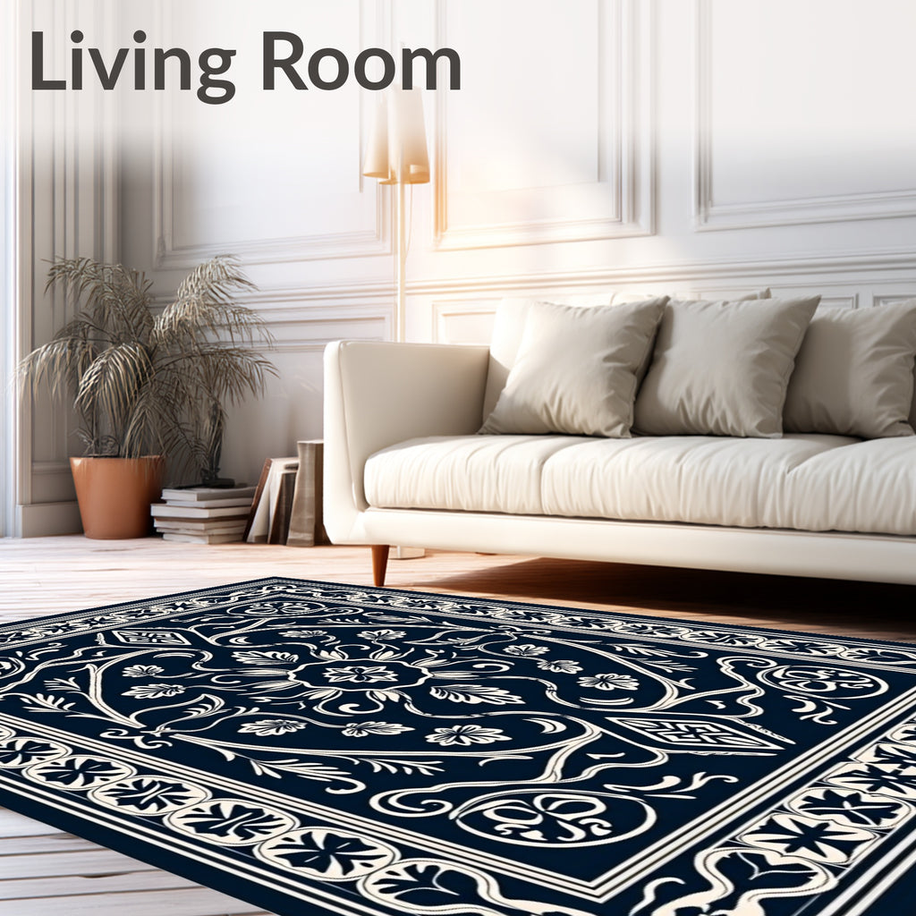 Intricate Floral Scrollwork Navy Blue Rug