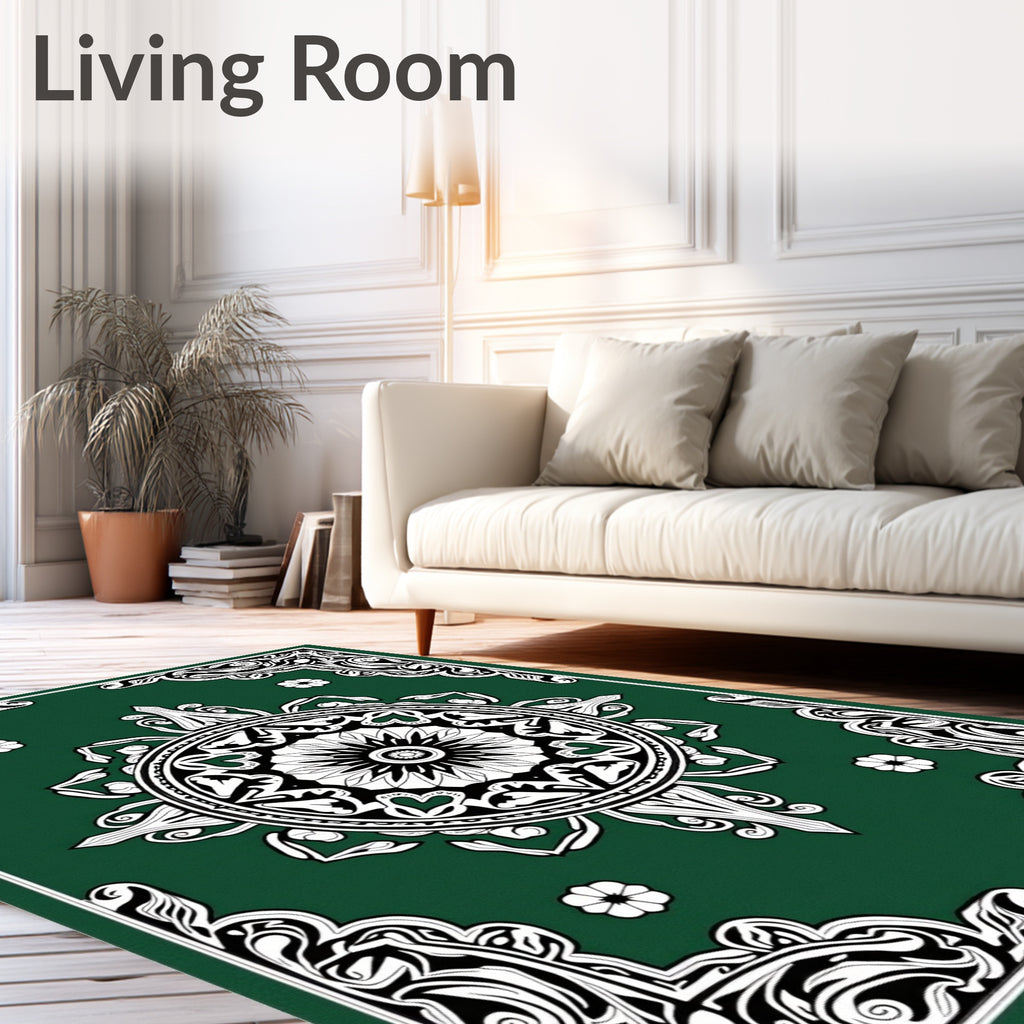 Green Floral Medallion Border Design Rug