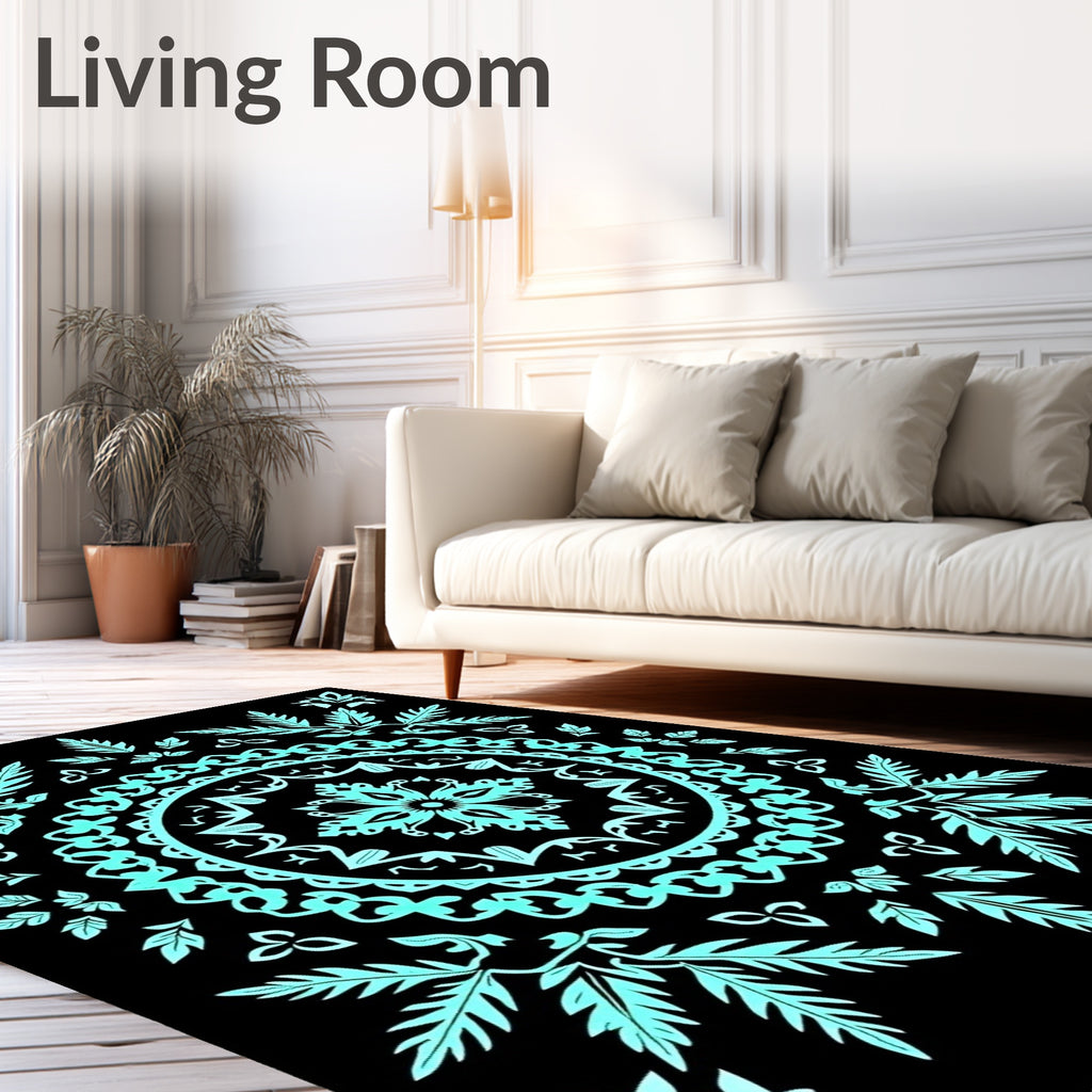 Cyan Mandala Leaf Patterned Rug