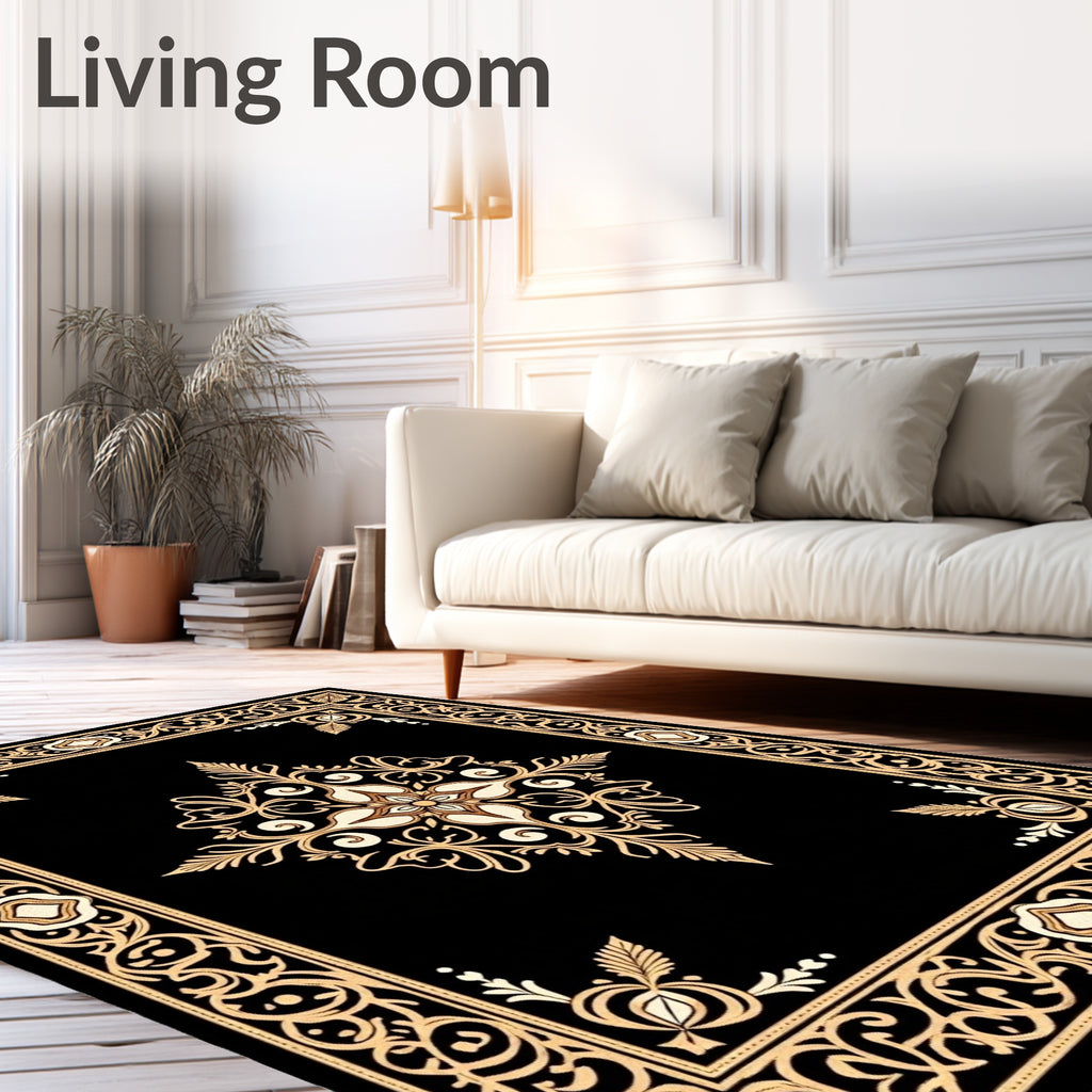 Intricate Black Gold Floral Border Rug