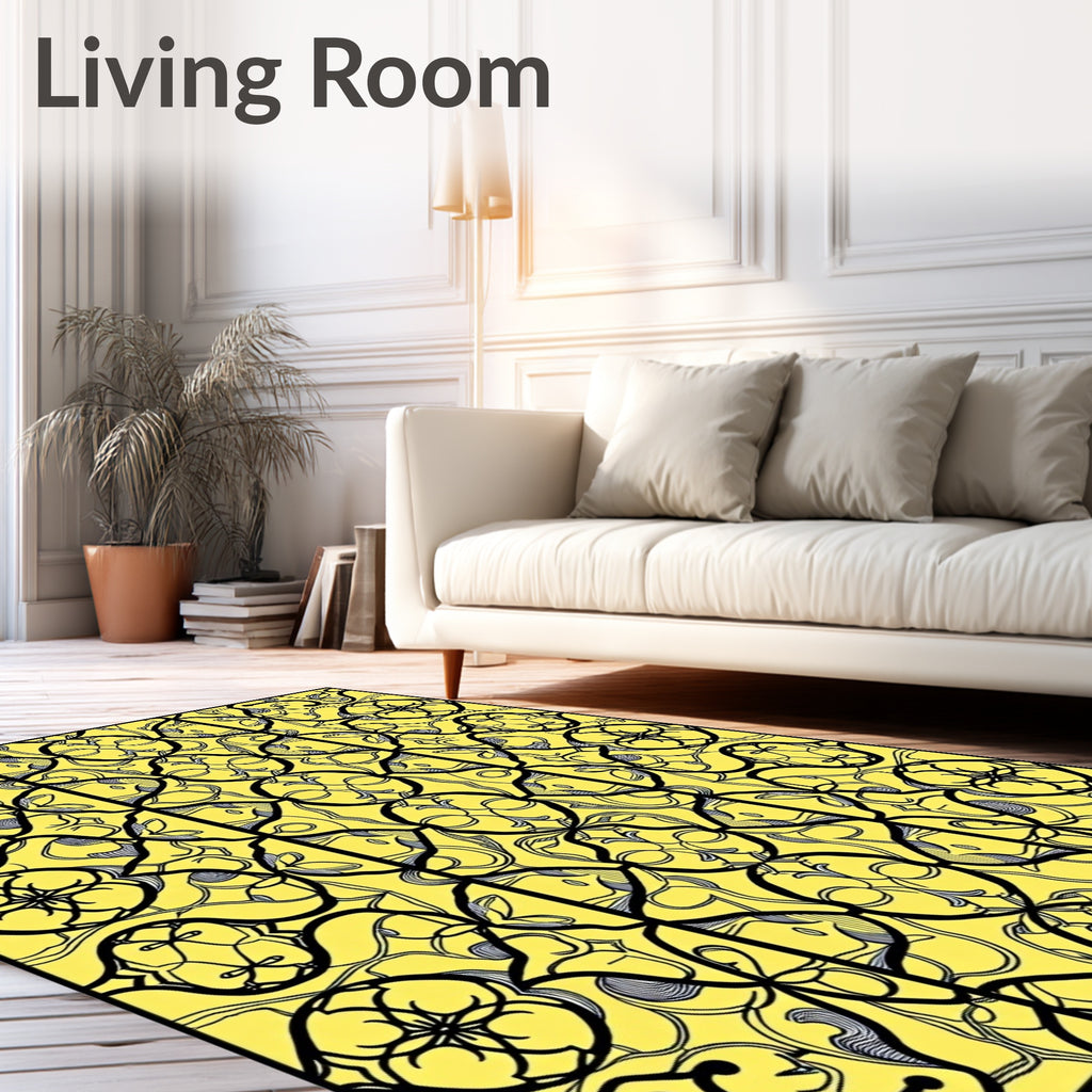 Bold Black Swirls on Yellow Background Rug