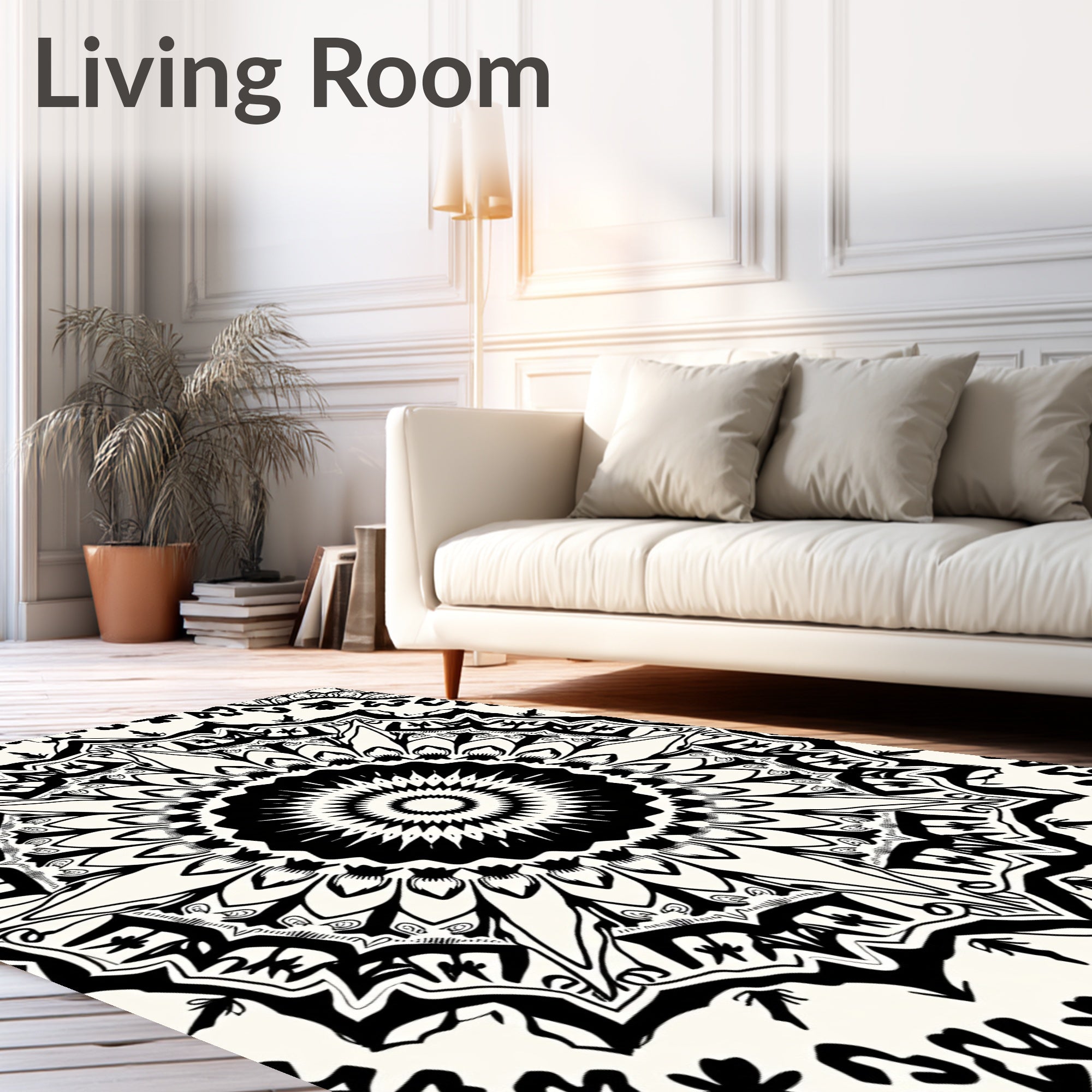 Intricate Black and White Mandala Pattern Rug