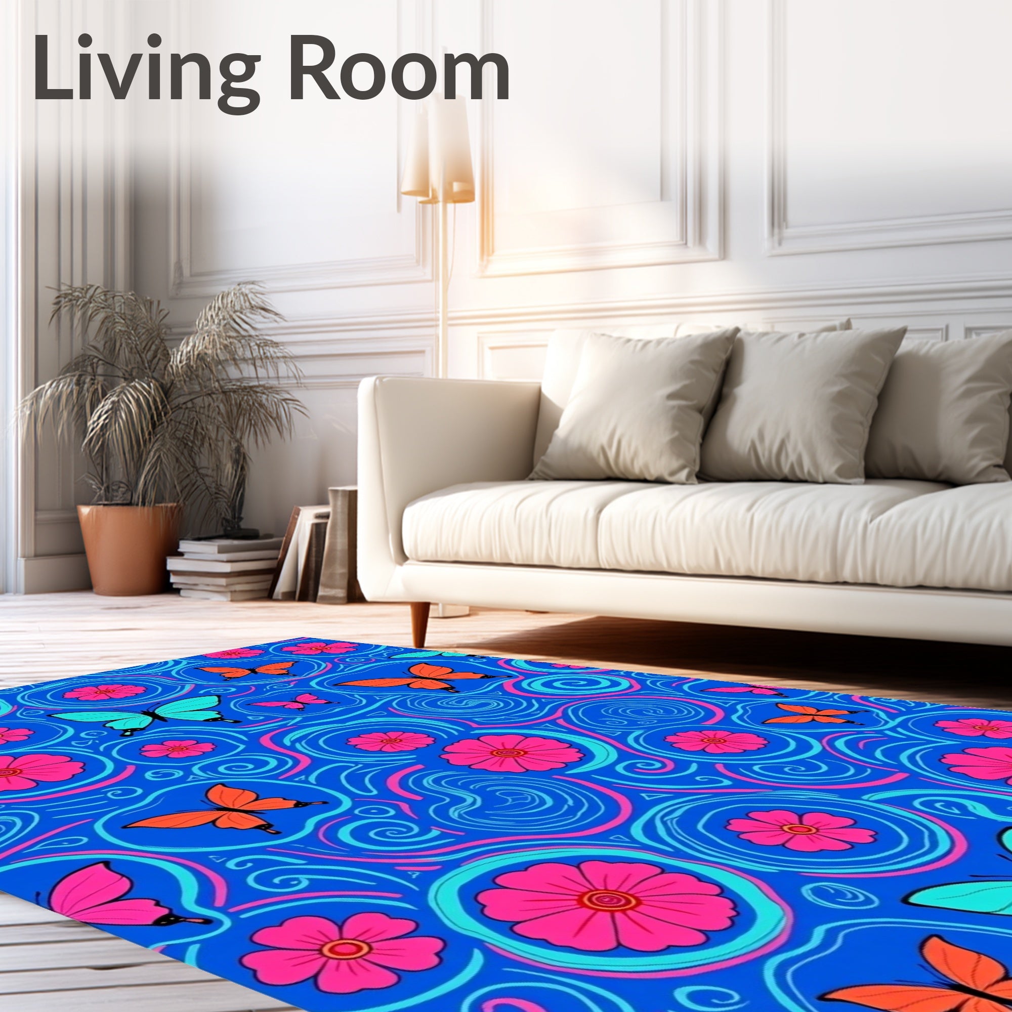 Vibrant Floral Butterfly Swirl Pattern Rug