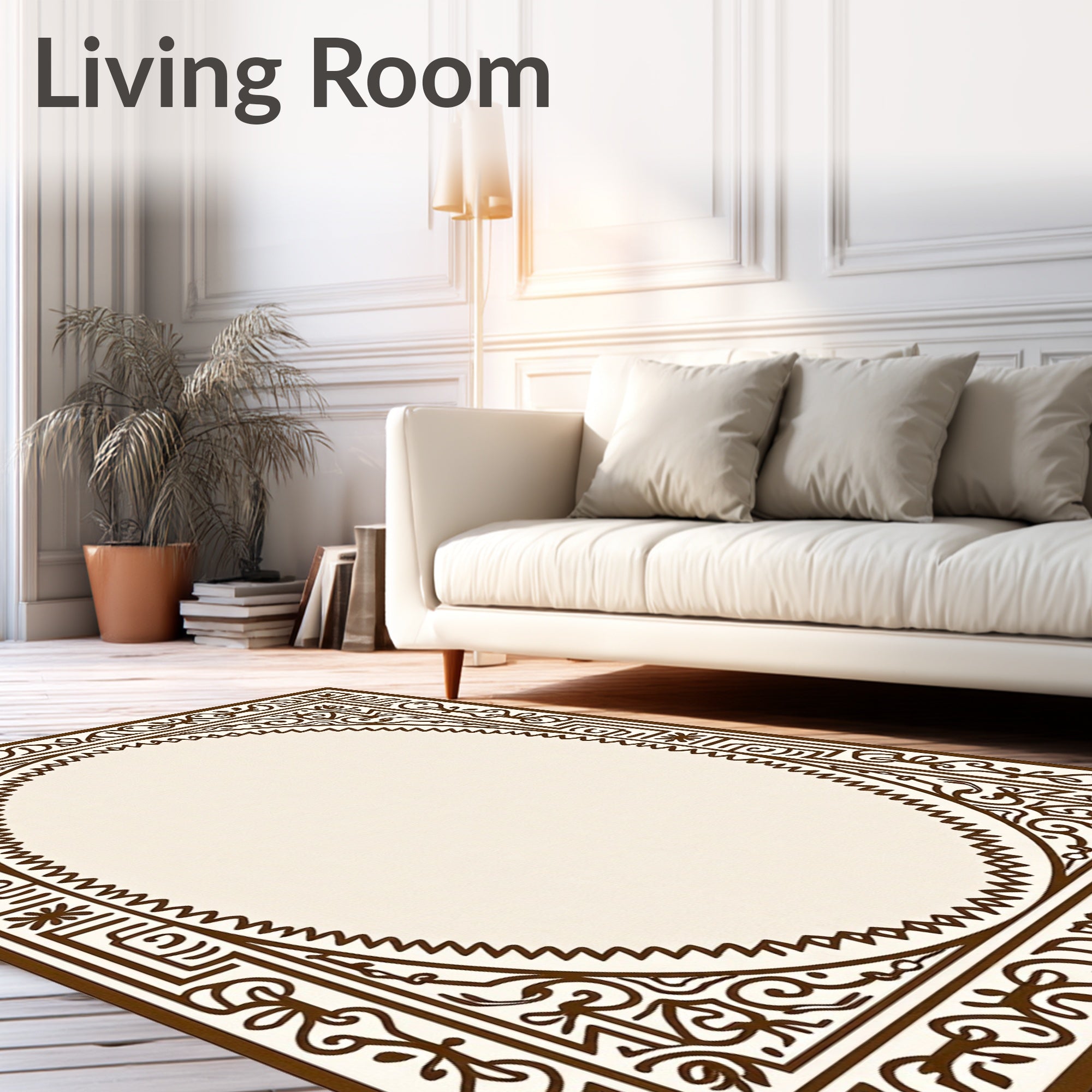 Ornate Oval Scroll Border Design Rug