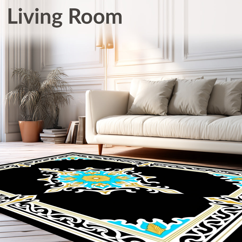 Ornate Black Gold Teal Medallion Pattern Rug