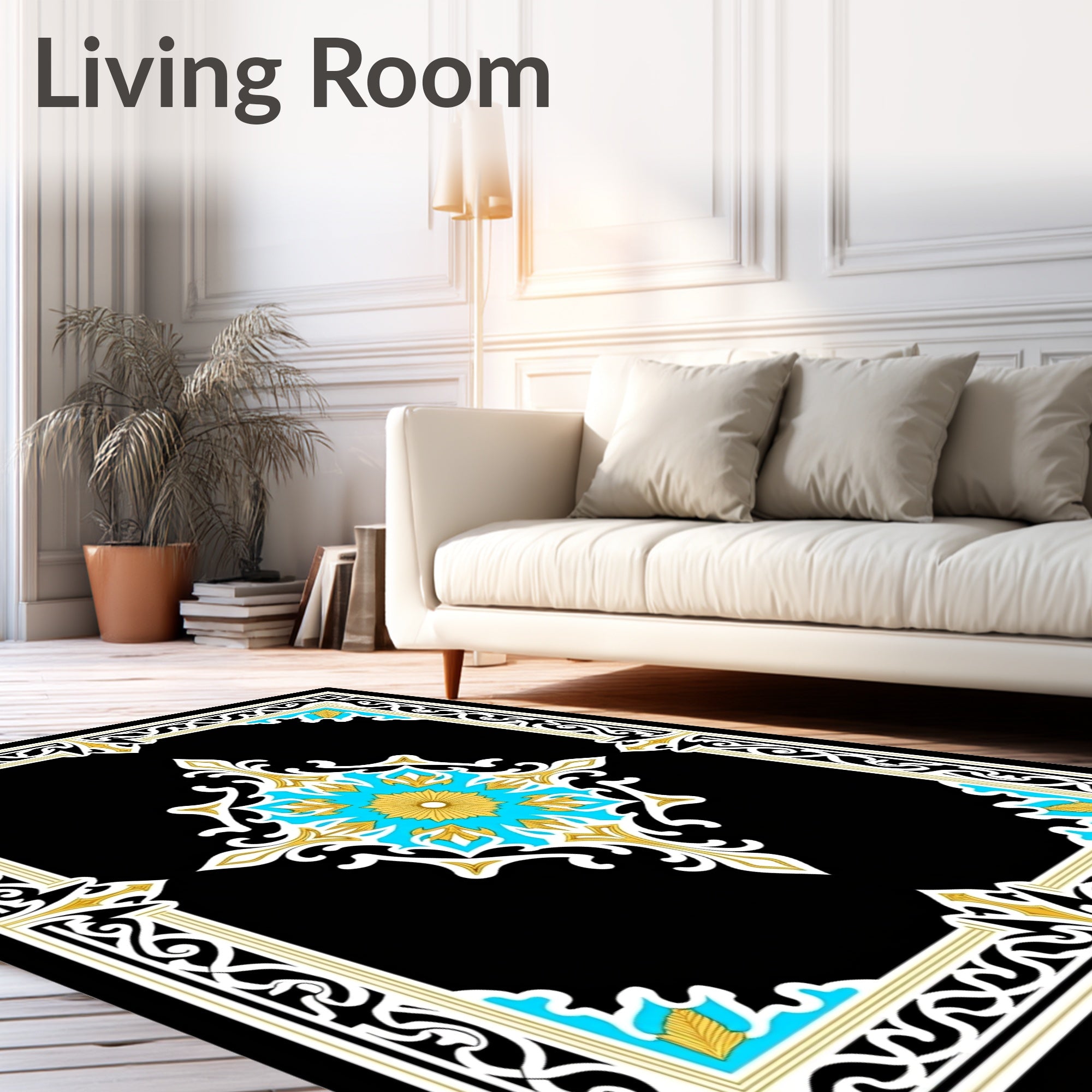 Ornate Black Gold Teal Medallion Pattern Rug
