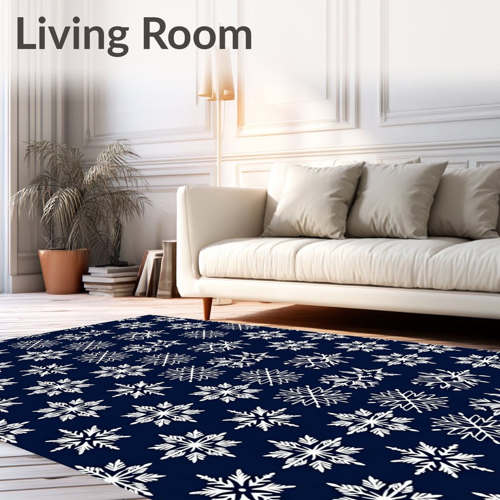 White Snowflake Patterned Navy Rug
