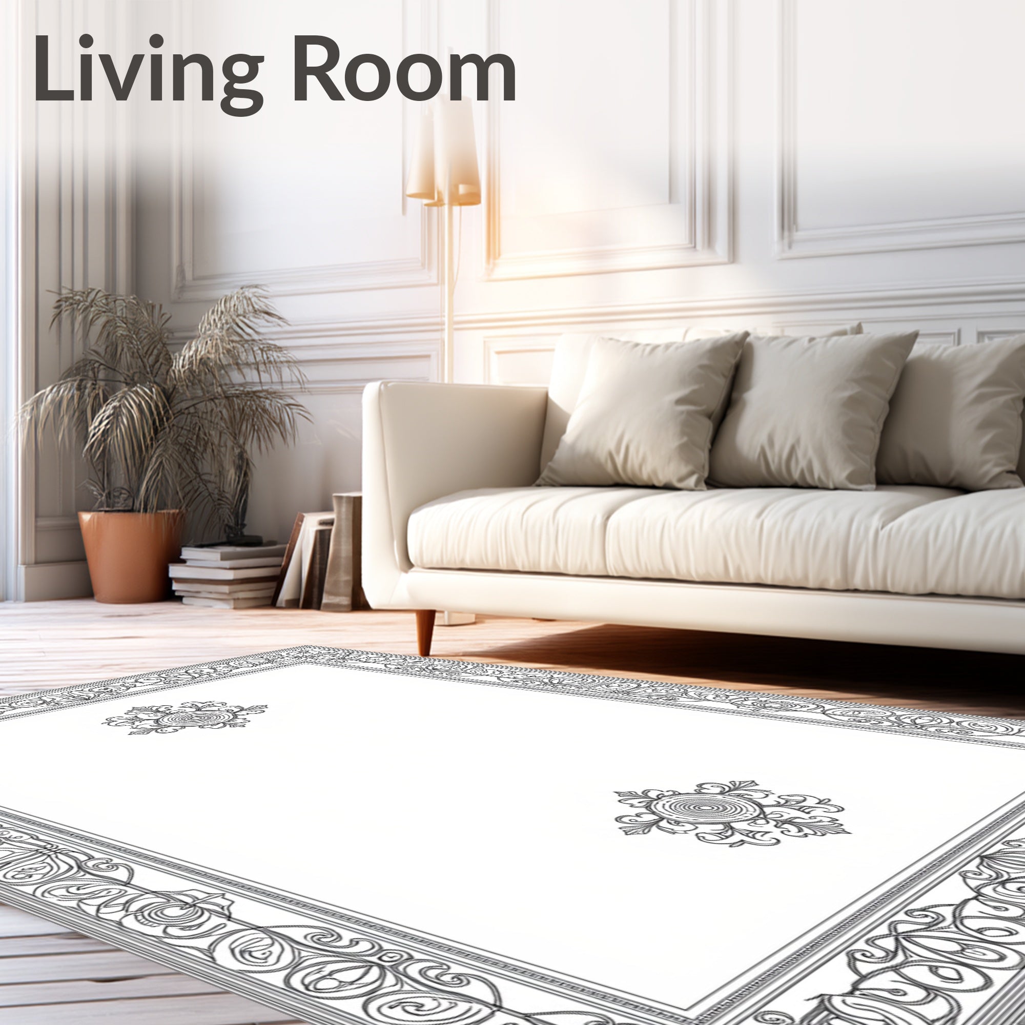 Ornate Floral Scroll Pattern Border Rug