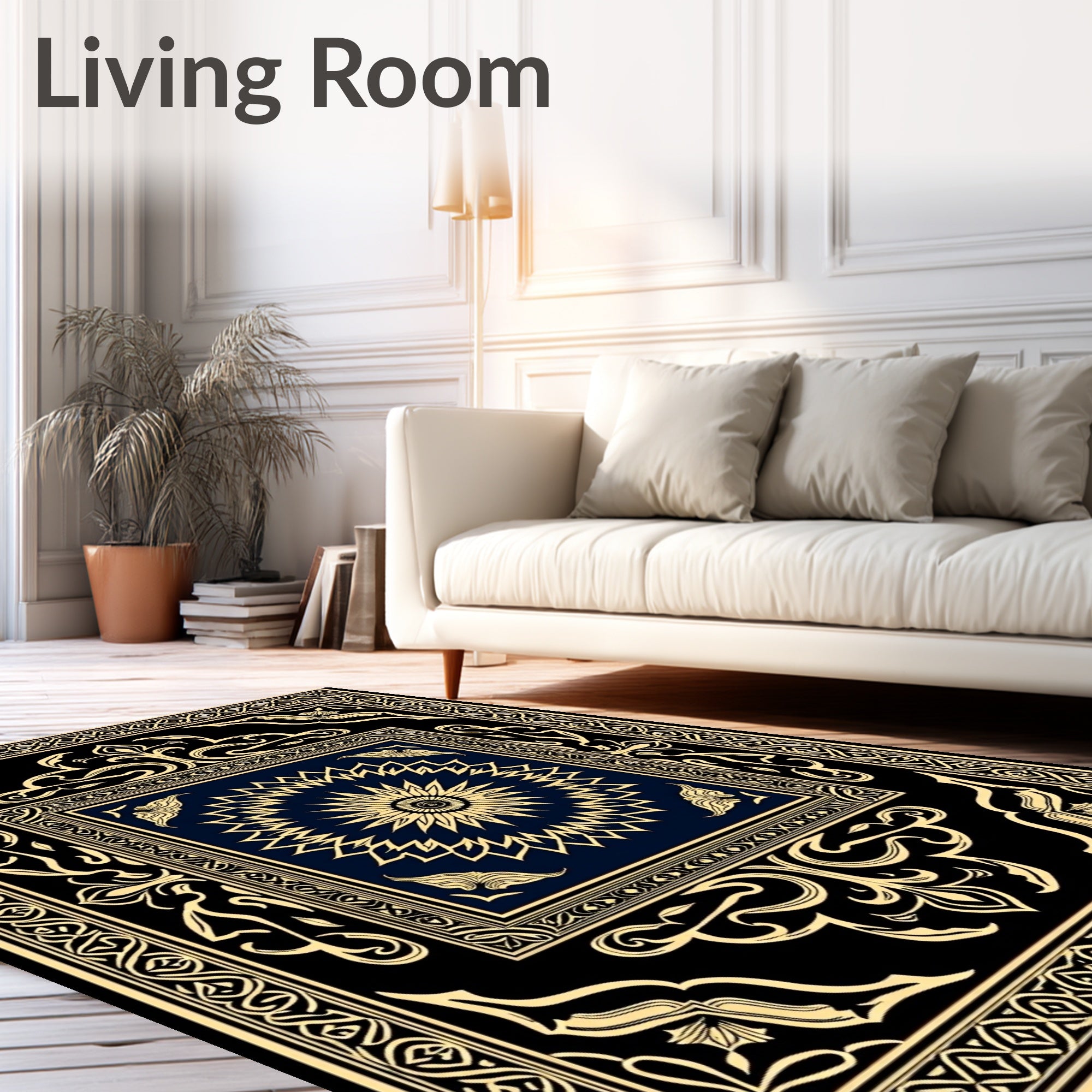 Classic Black Gold Mandala Border Rug