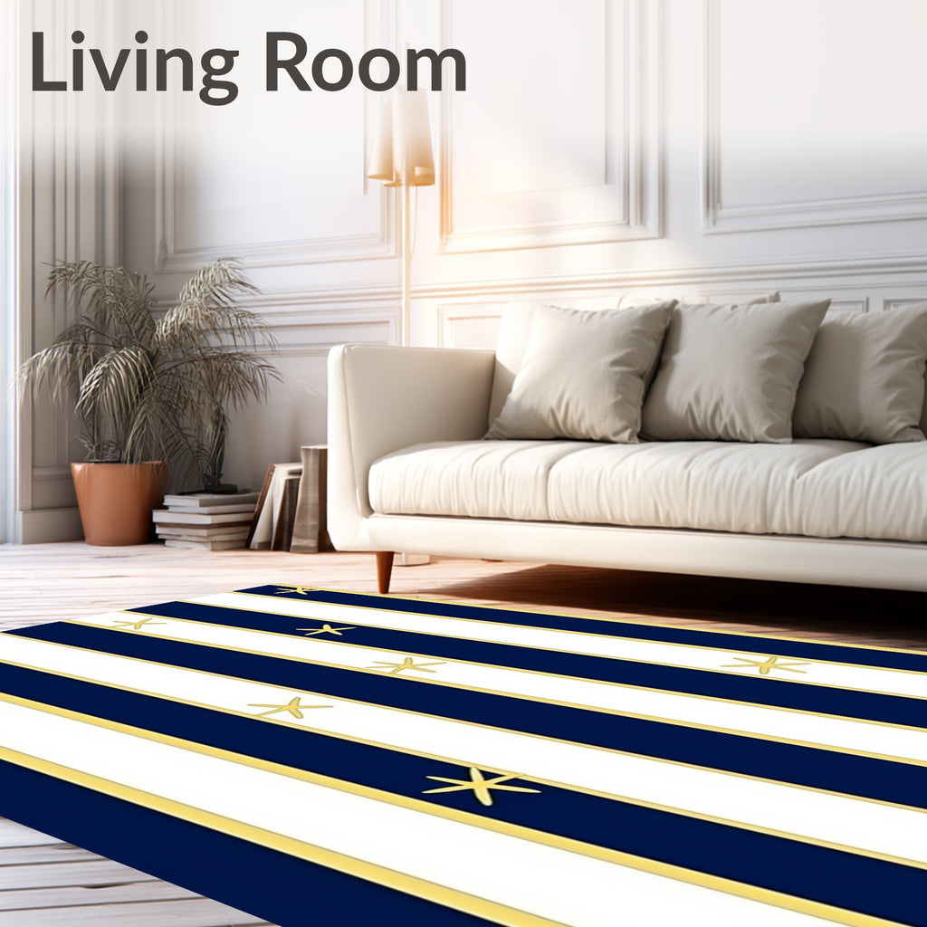Navy White Gold Stripe Starfish Pattern Rug