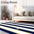 Navy White Gold Stripe Starfish Pattern Rug