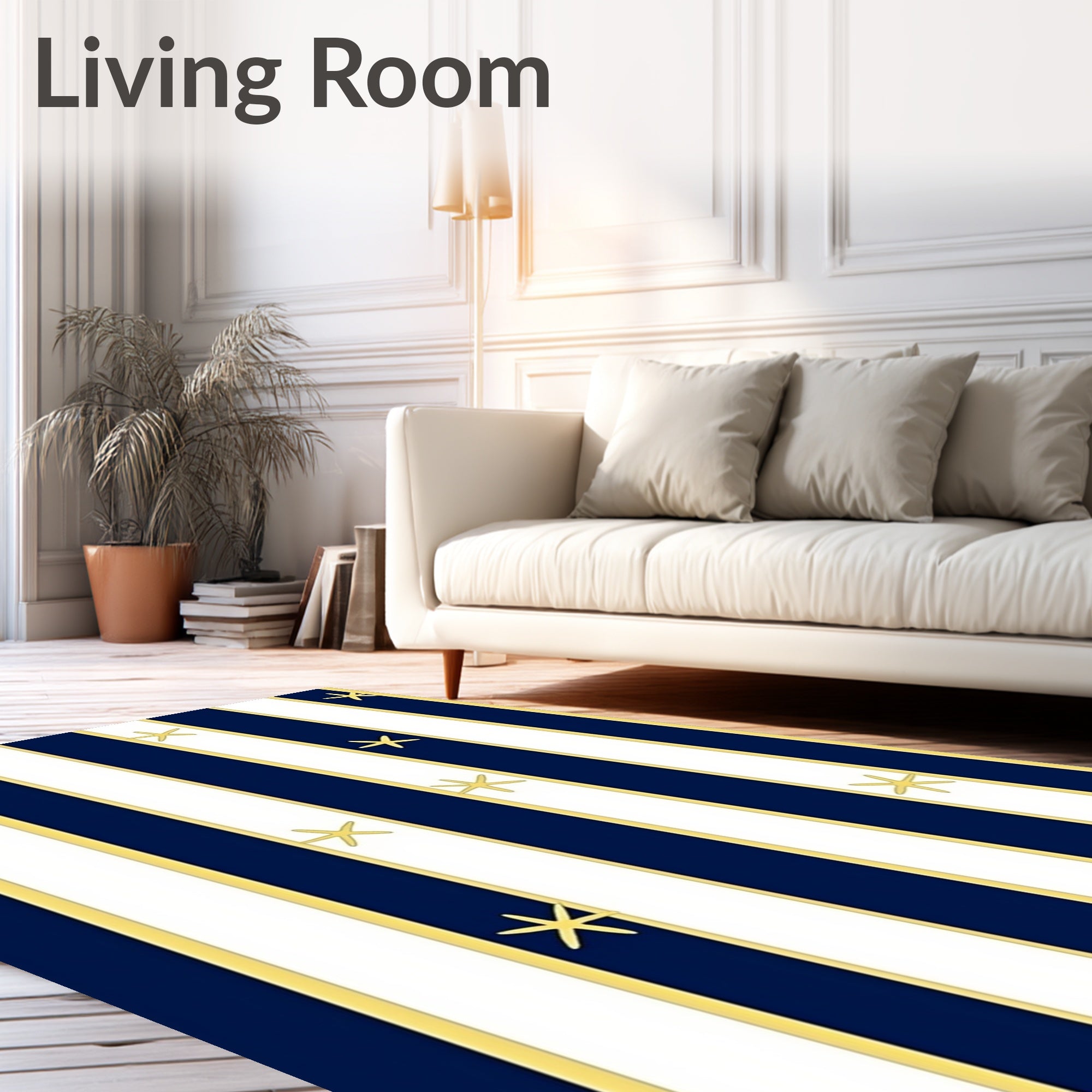 Navy White Gold Stripe Starfish Pattern Rug