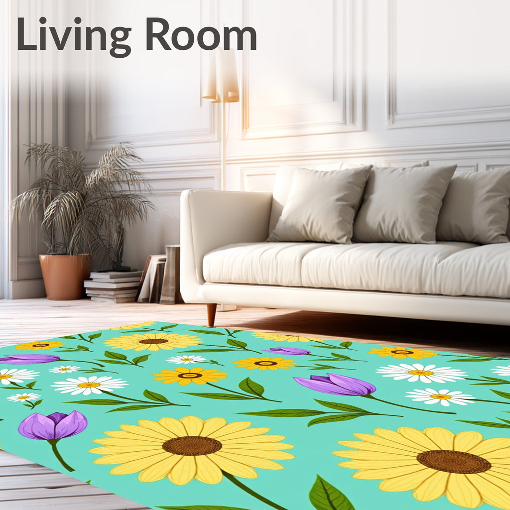 Floral Meadow Yellow Purple Daisy Pattern Rug