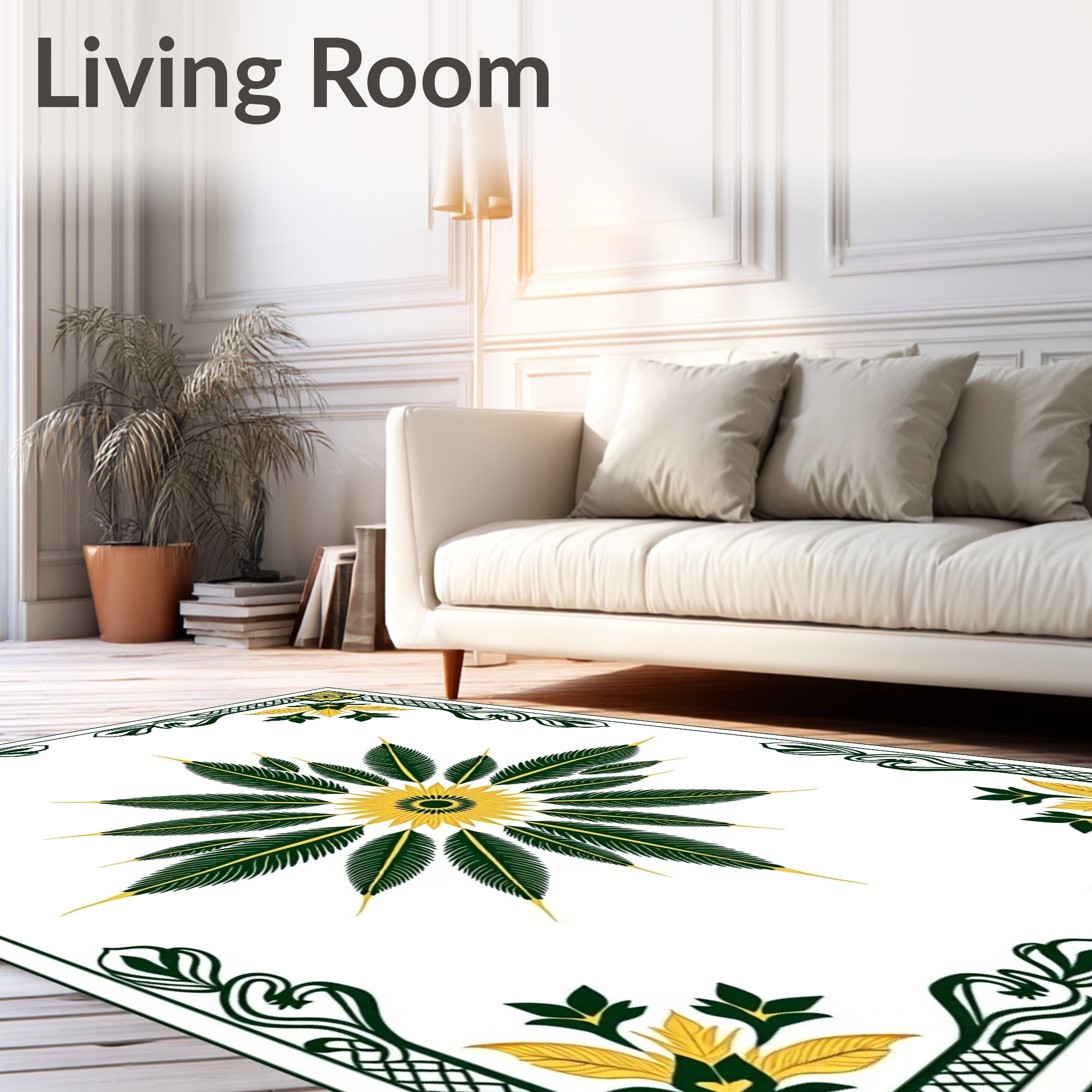 Green And Gold Feather Mandala Design Rug