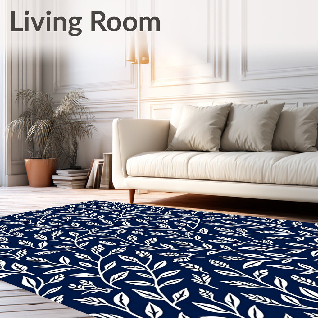 White Leaf Patterned Dark Blue Textile Rug