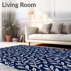 White Leaf Patterned Dark Blue Textile Rug