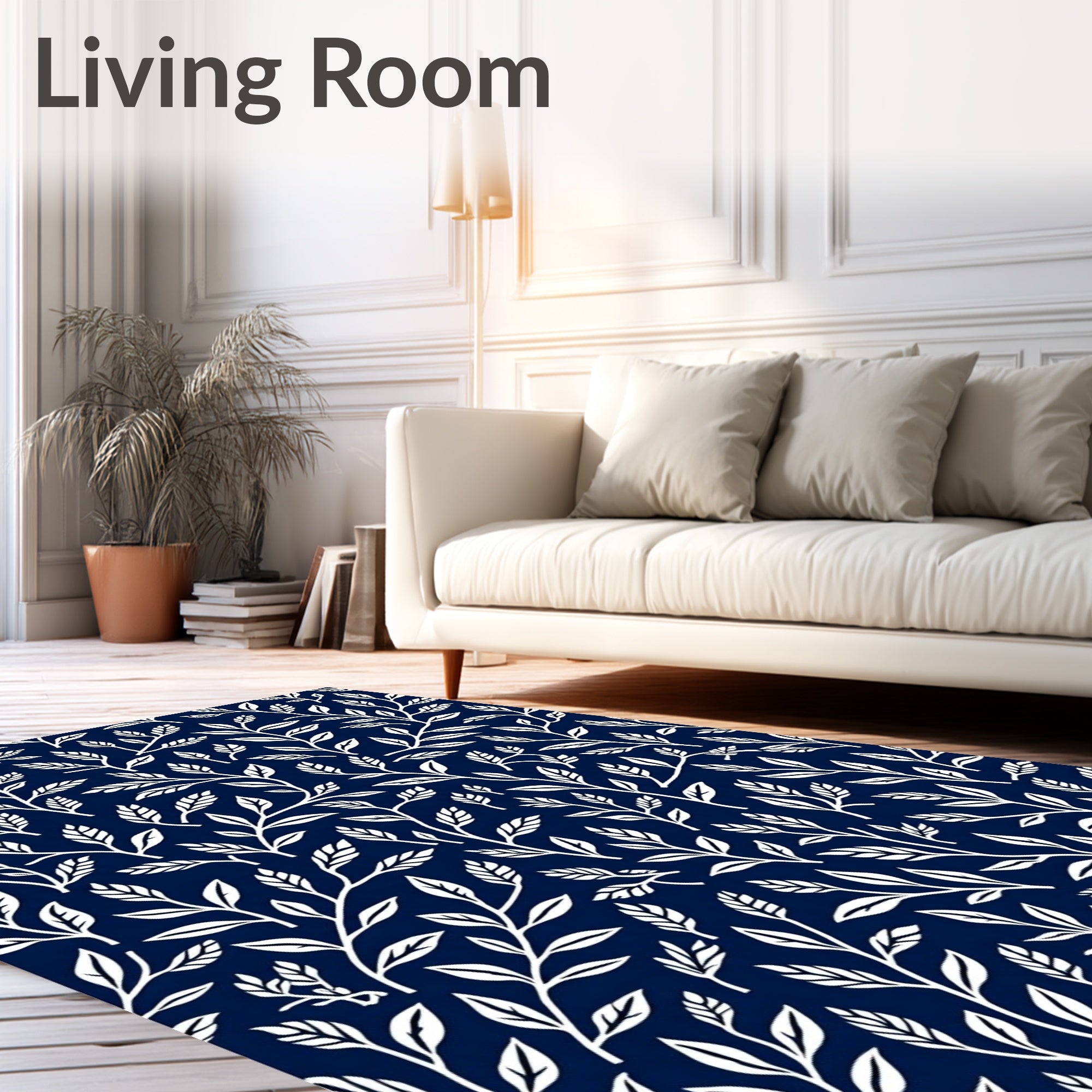 White Leaf Patterned Dark Blue Textile Rug