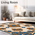 Ornate Blue Gold Scrollwork Medallion Rug