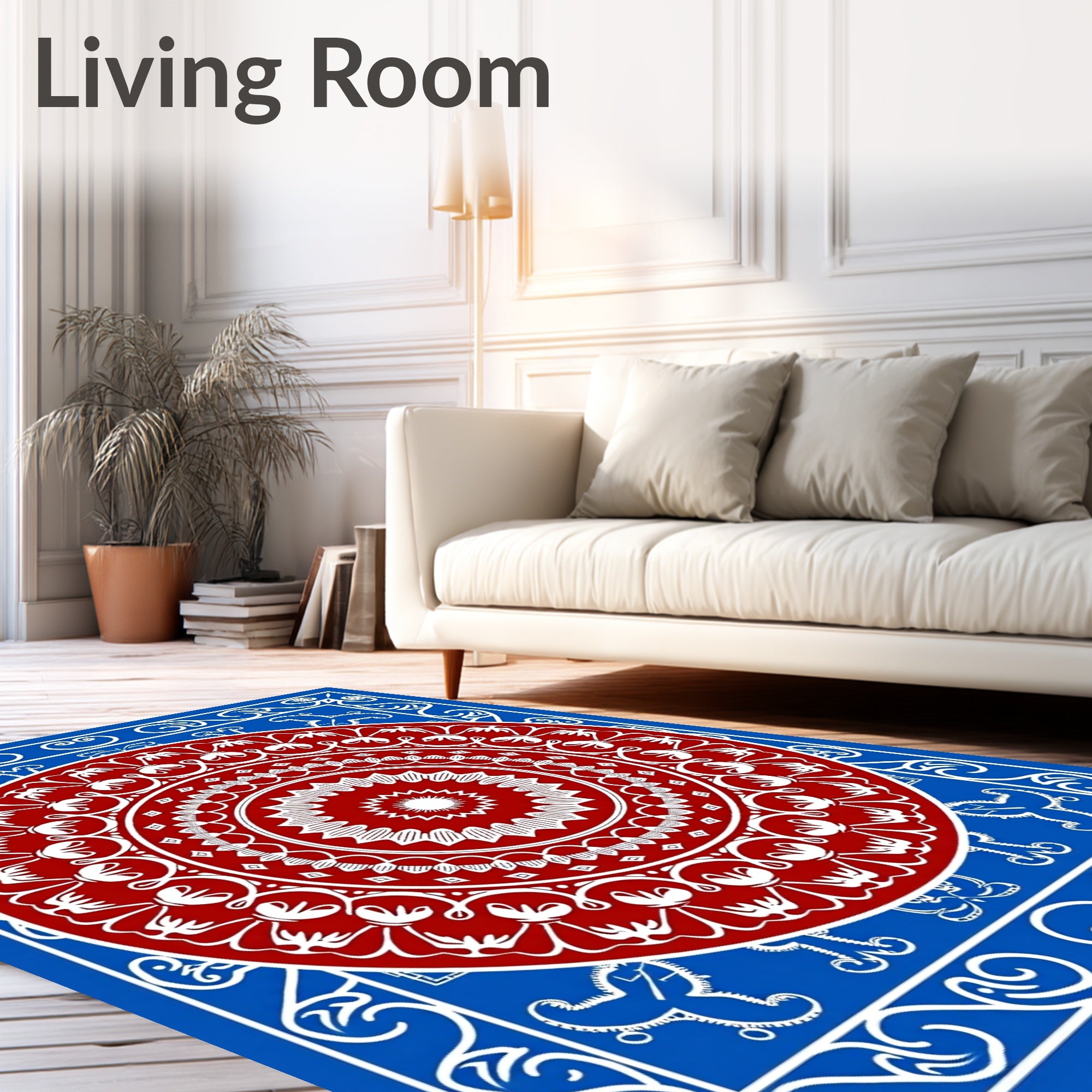 Red Mandala With Blue Border Design Rug
