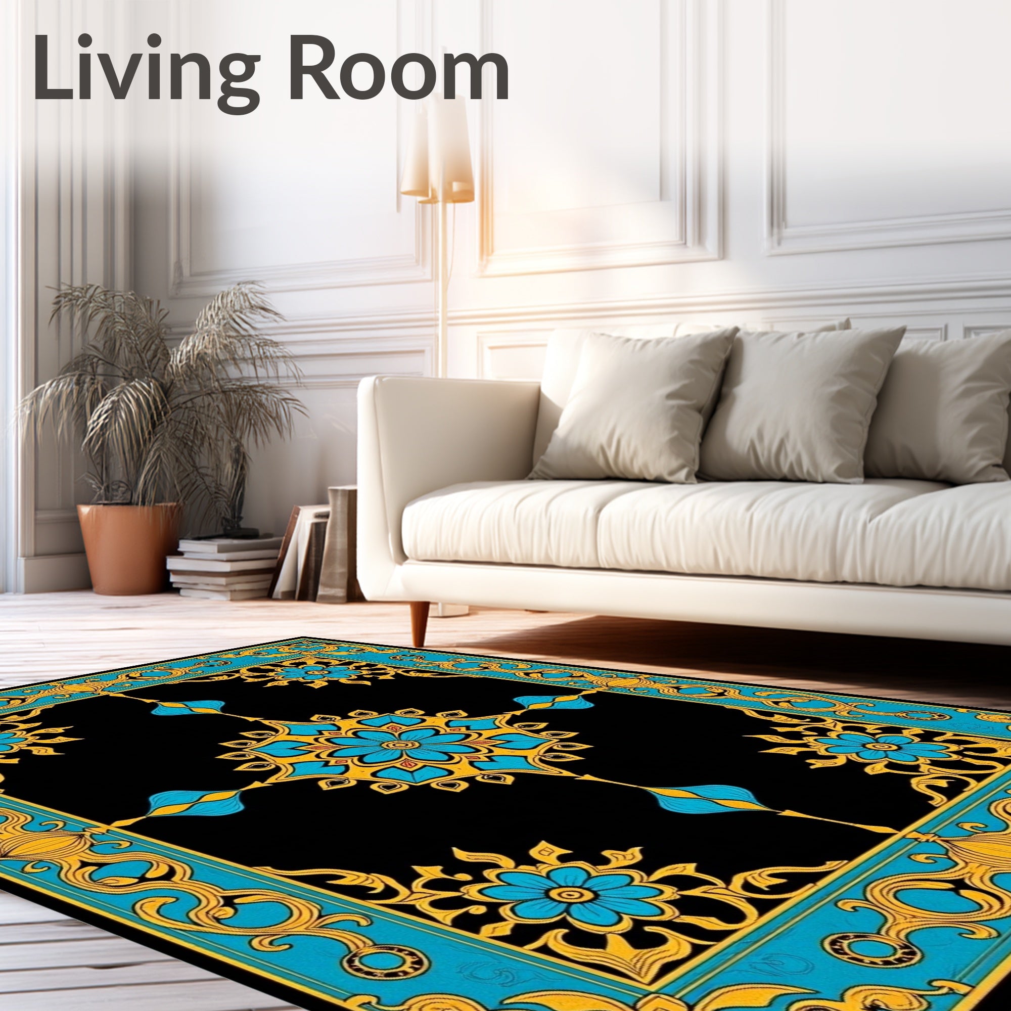 Regal Blue Gold Floral Frame Rug