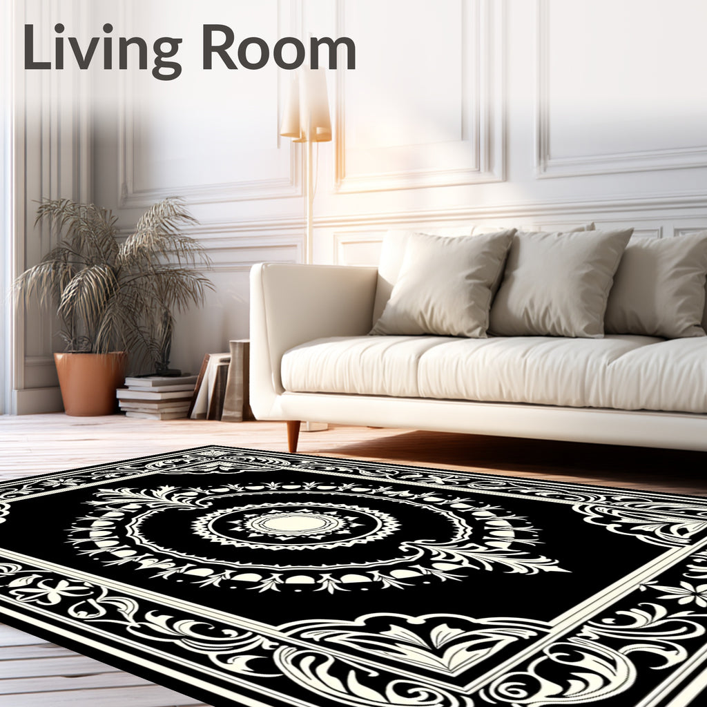 Ornate Black Ivory Scroll Border Pattern Rug