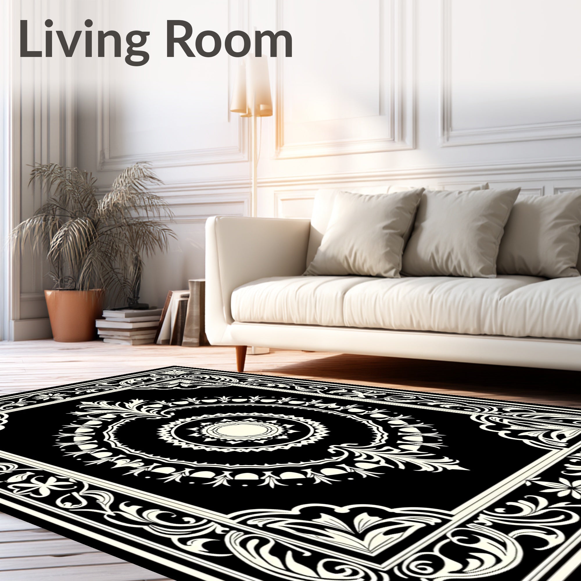 Ornate Black Ivory Scroll Border Pattern Rug
