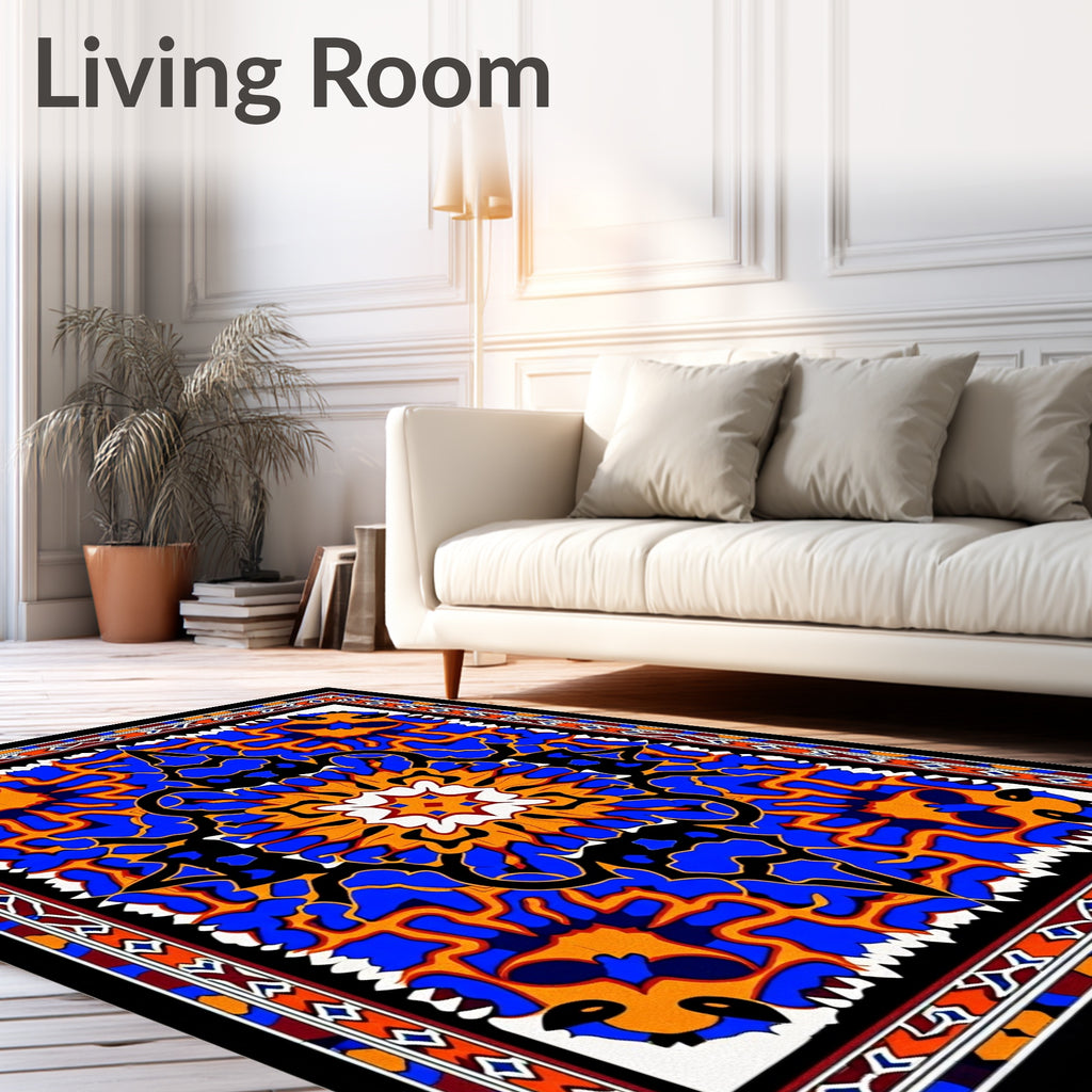 Bold Blue Orange Floral Medallion Rug