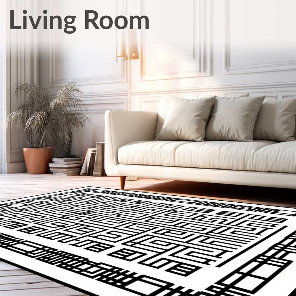 Black White Geometric Maze Pattern Rug