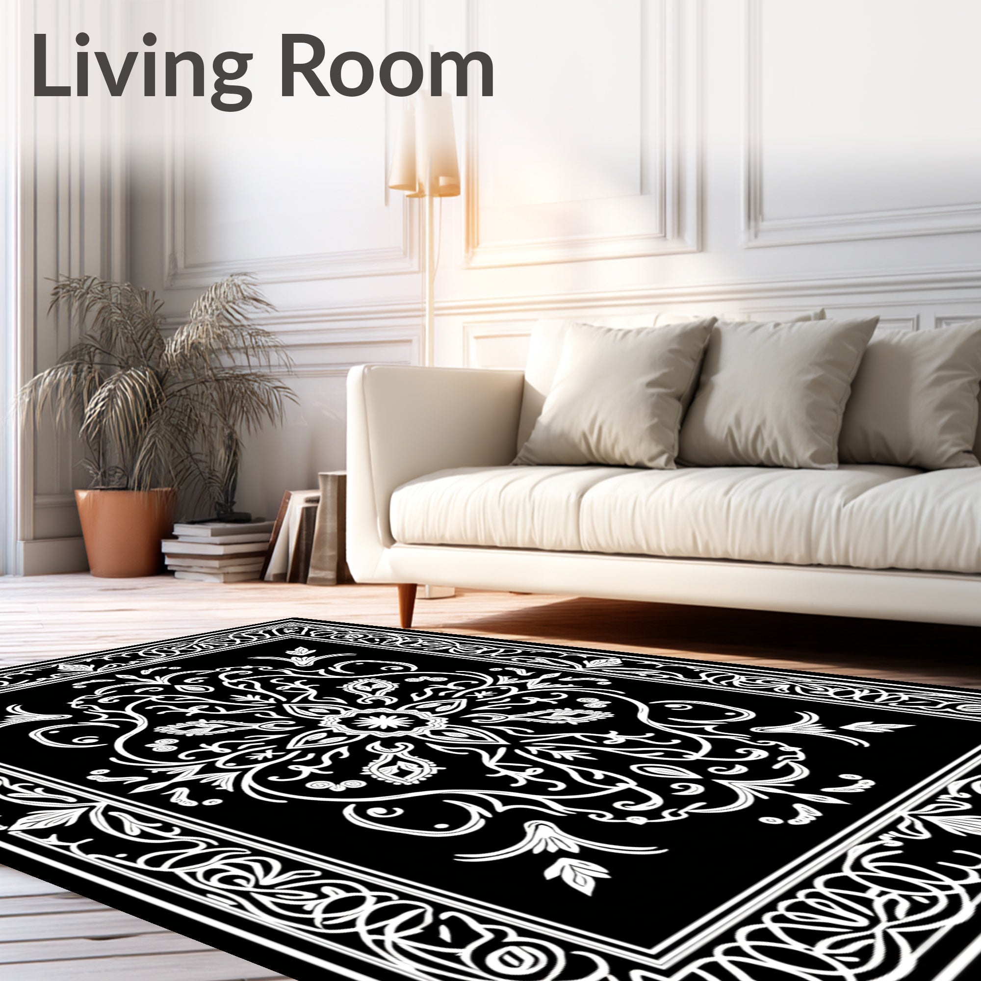 Ornate Black White Mandala Design Rug