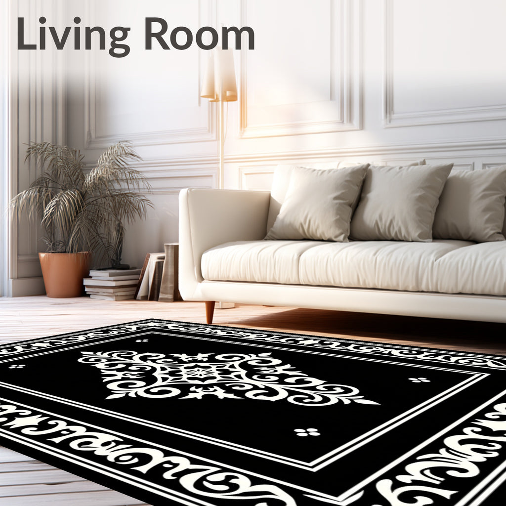 Classic Black White Arabesque Border Rug