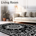 Black White Ornate Floral Medallion Rug