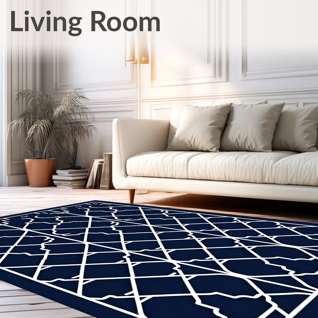 Intricate Indigo Lattice Geometric Design Rug