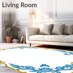 Golden Blue Floral Swirl Border Rug
