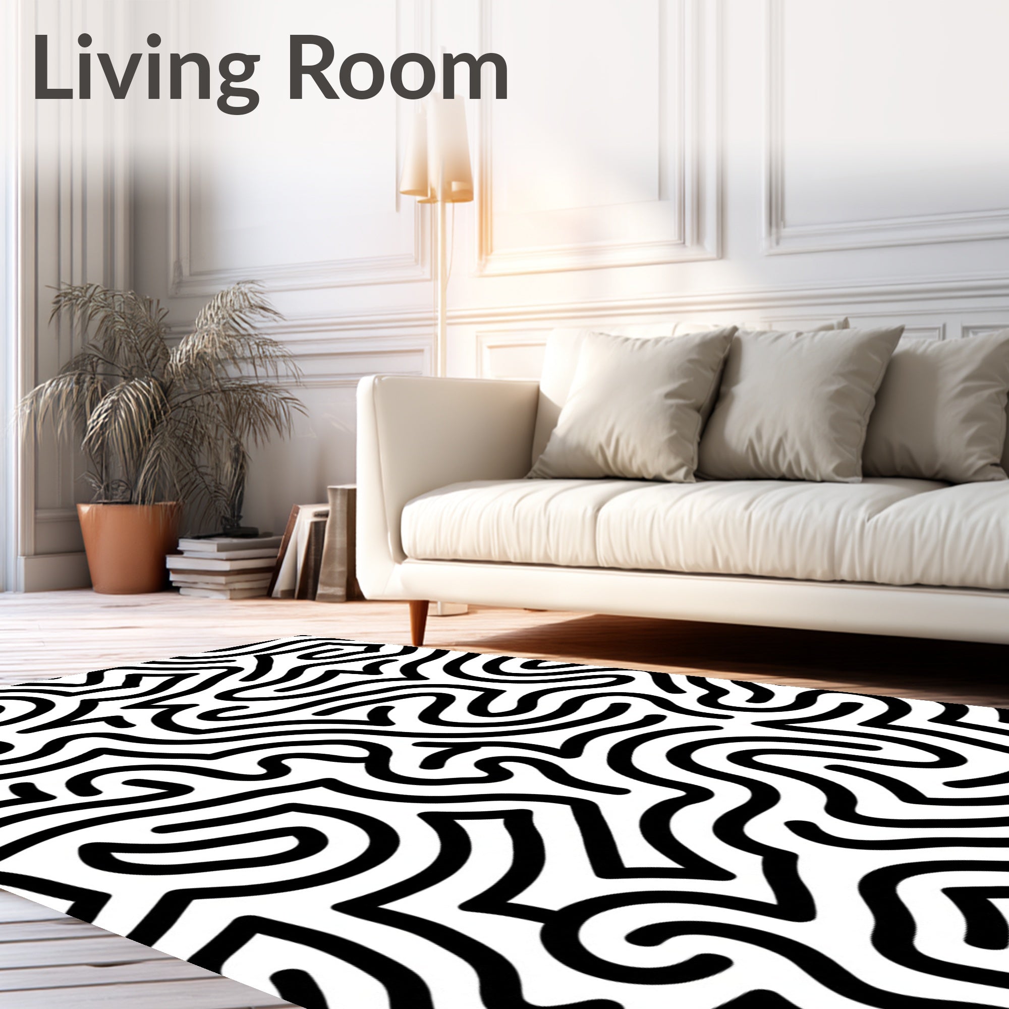 Bold Black White Maze Pattern Rug