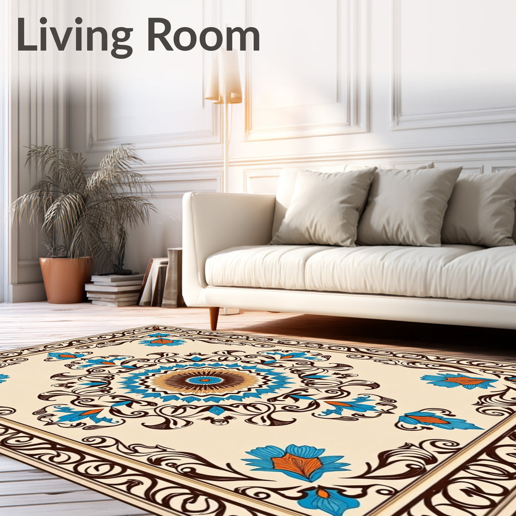 Floral Mandala With Swirl Border Design Rug