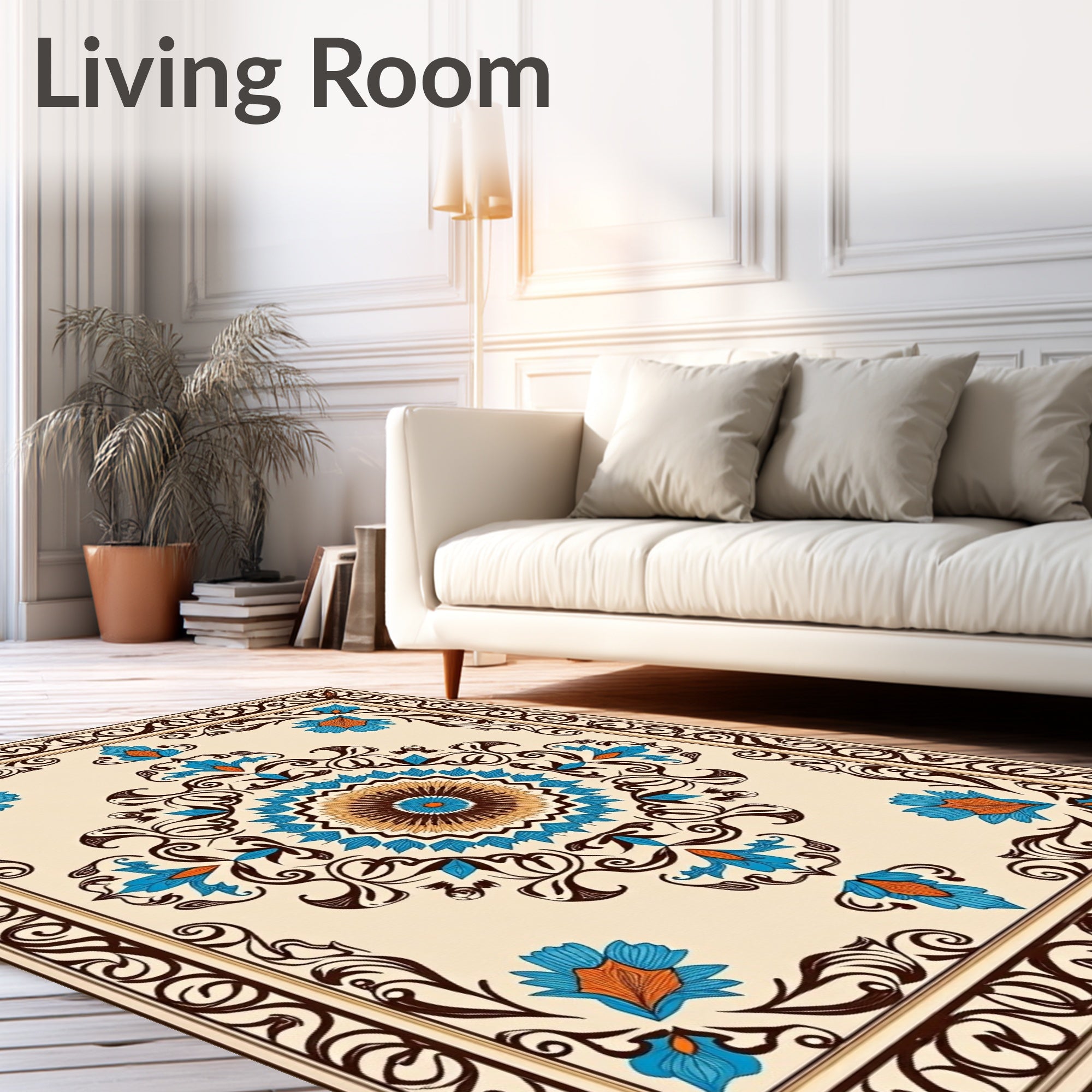Floral Mandala With Swirl Border Design Rug
